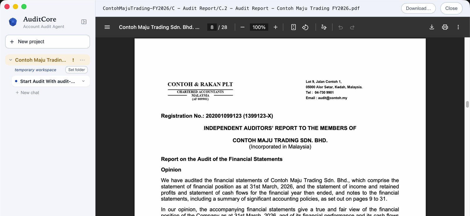 Draft audit report prepared by AuditCore for a sample company