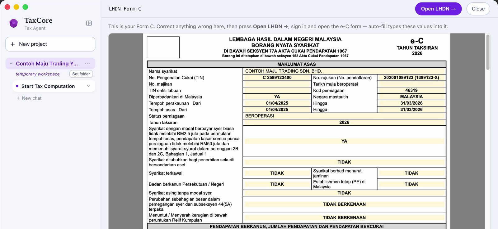 TaxCore Form C draft for a sample company